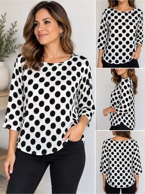 ZARA Black White Polka Dot Blouse Size L NWOT